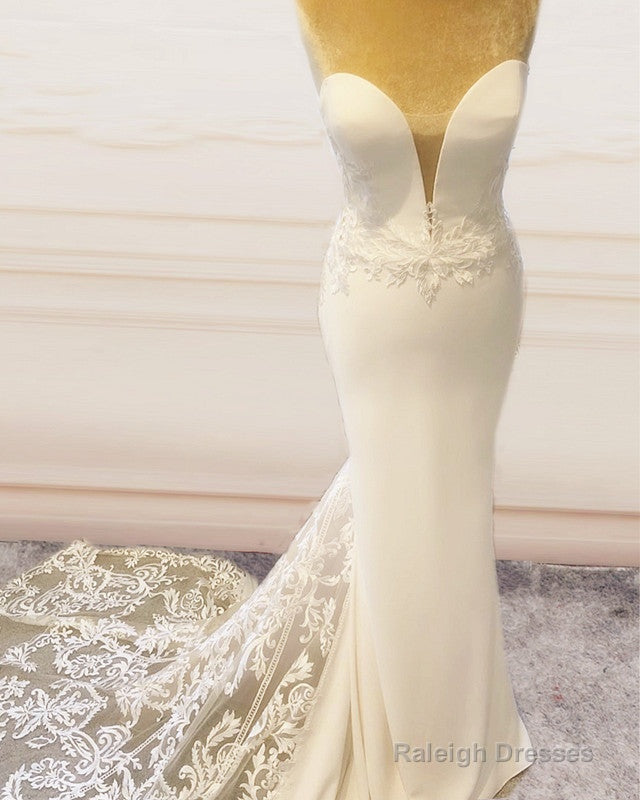 Satin Mermaid Wedding Dresses Sweetheart Lace Train