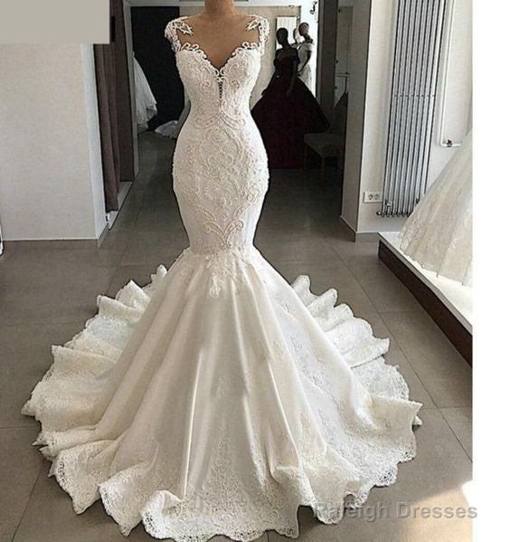 Satin Mermaid Wedding Dress With Sheer Back, Beading And Lace Prom Dress