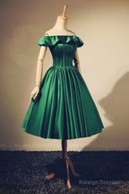 Satin Off The Shoulder A-Line Green Short Prom Dresses