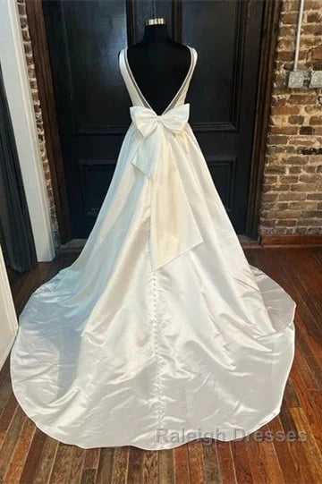 Satin Plunging Neck Bow-Back A-Line Long Wedding Dresses Secondary image