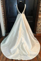Satin Plunging Neck Bow-Back A-Line Long Wedding Dress