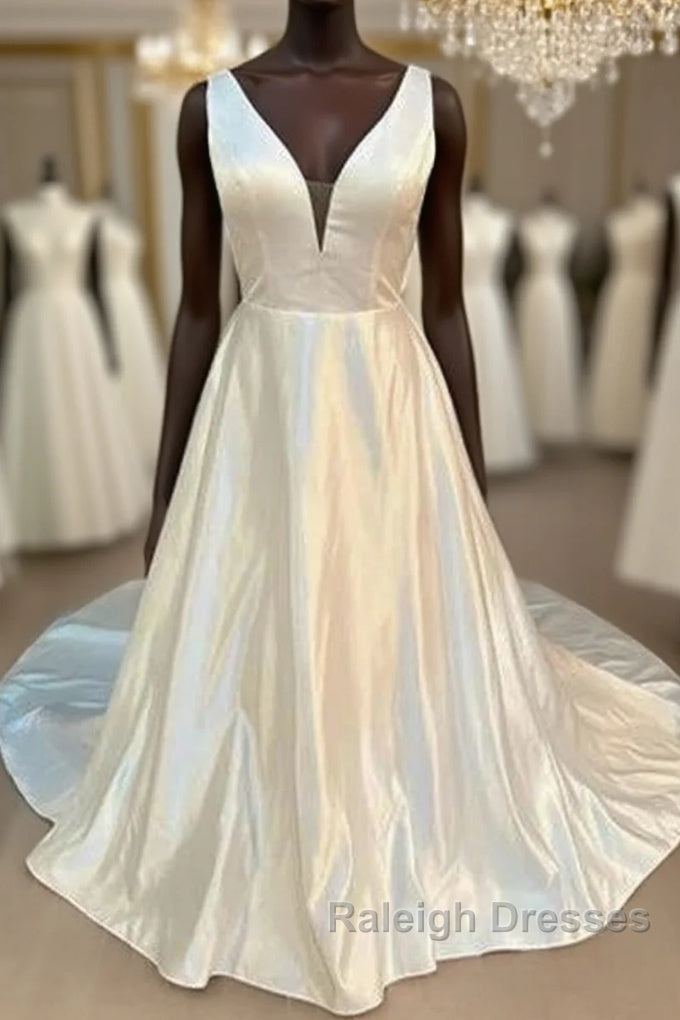 Satin Plunging Neck Bow-Back A-Line Long Wedding Dresses Main image