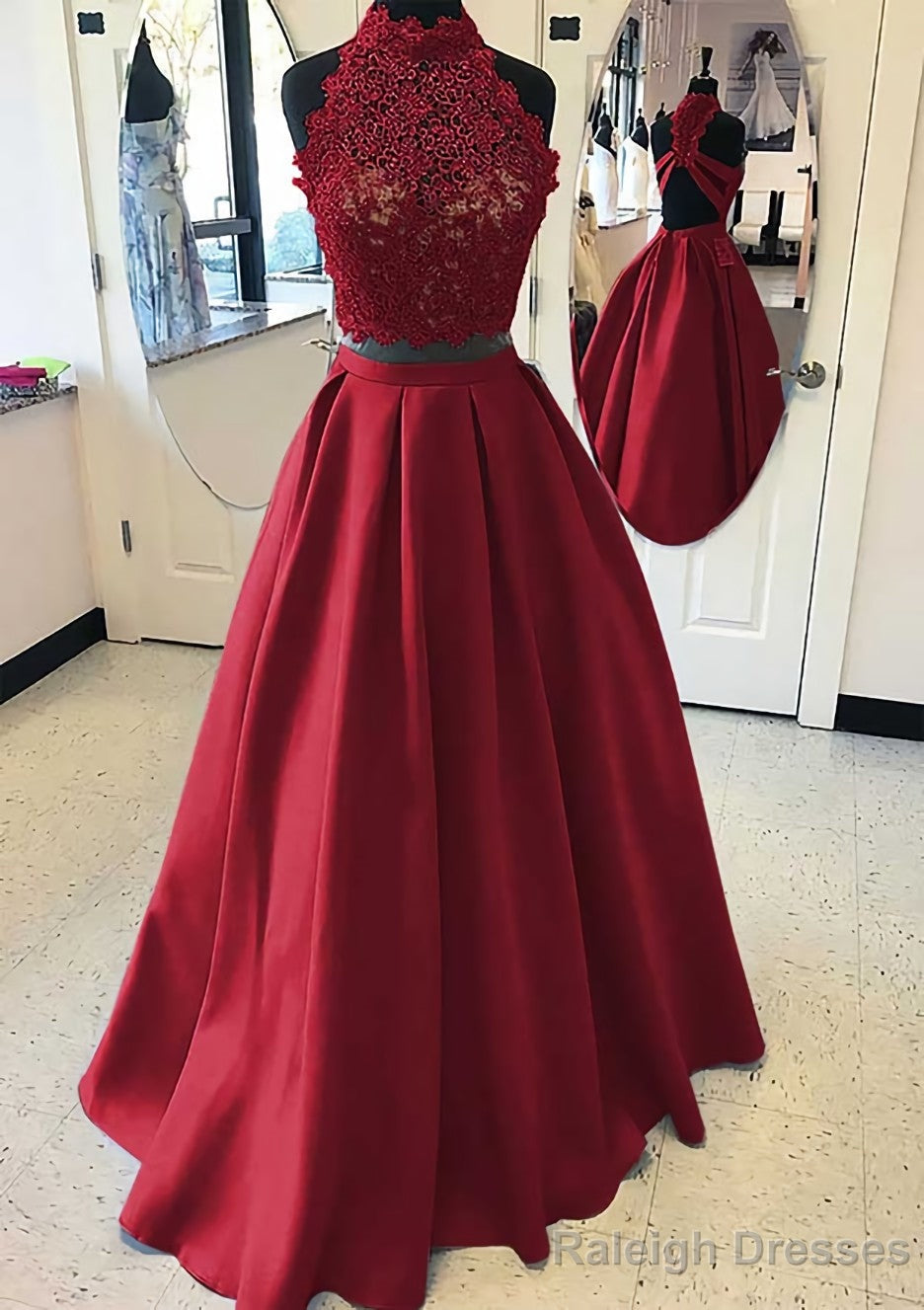 Satin Prom Dress A Line High-Neck Long Dress Floor Length With Lace