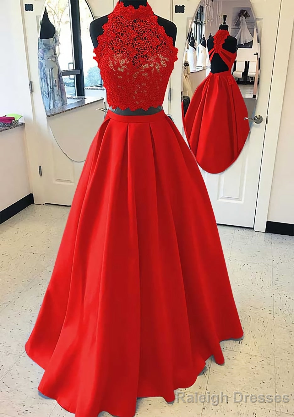 Satin Prom Dress A Line High-Neck Long Dress Floor Length With Lace