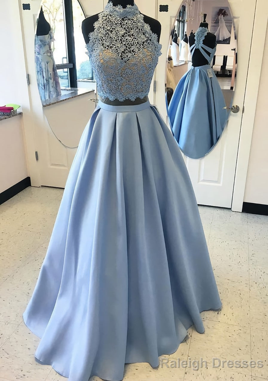 Satin Prom Dress A Line High-Neck Long Dress Floor Length With Lace