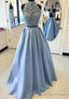 Satin Prom Dress A Line High-Neck Long Dress Floor Length With Lace
