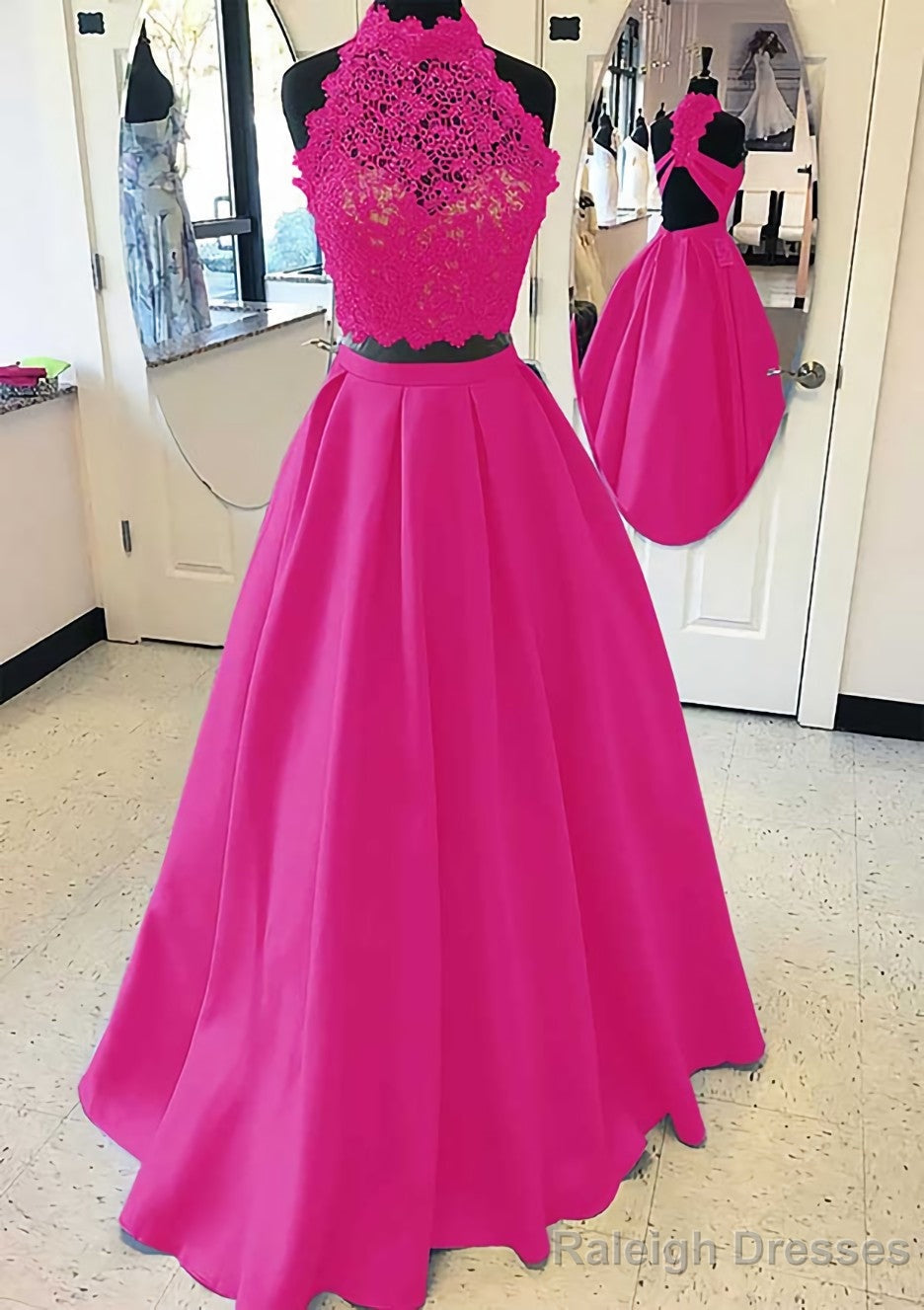 Satin Prom Dresses A-Line/Princess High-Neck Long/Floor-Length With Lace