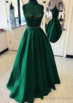 Satin Prom Dress A Line High-Neck Long Dress Floor Length With Lace