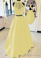 Satin Prom Dress A Line High-Neck Long Dress Floor Length With Lace