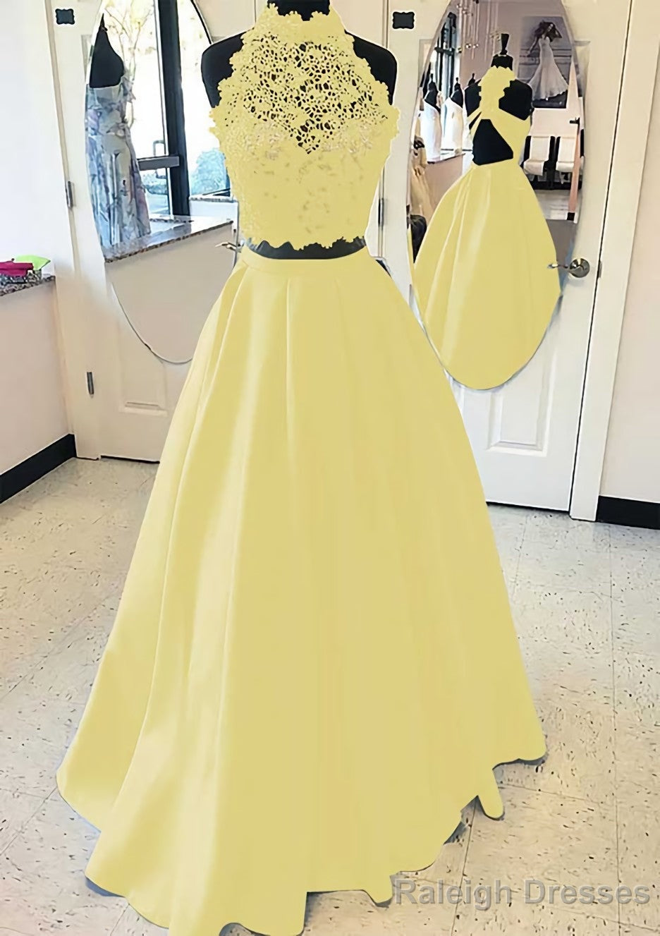 Satin Prom Dress A Line High-Neck Long Dress Floor Length With Lace