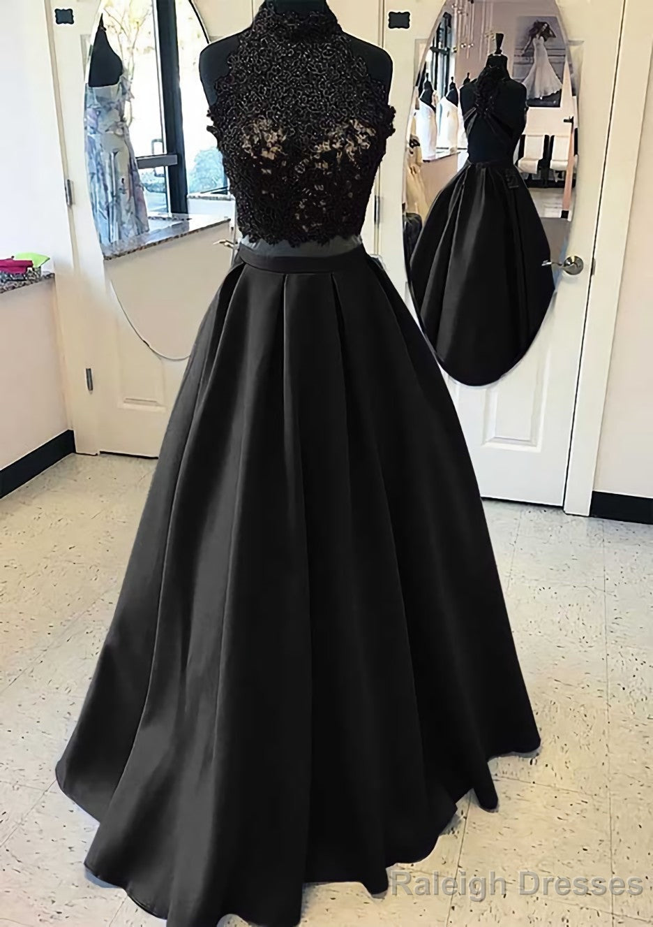 Satin Prom Dress A Line High-Neck Long Dress Floor Length With Lace