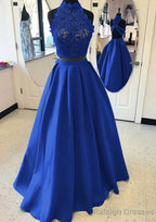 Satin Prom Dress A Line High-Neck Long Dress Floor Length With Lace