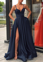 Satin Prom Dress A Line Long Dress Floor Length Sleeveless With Split Pockets