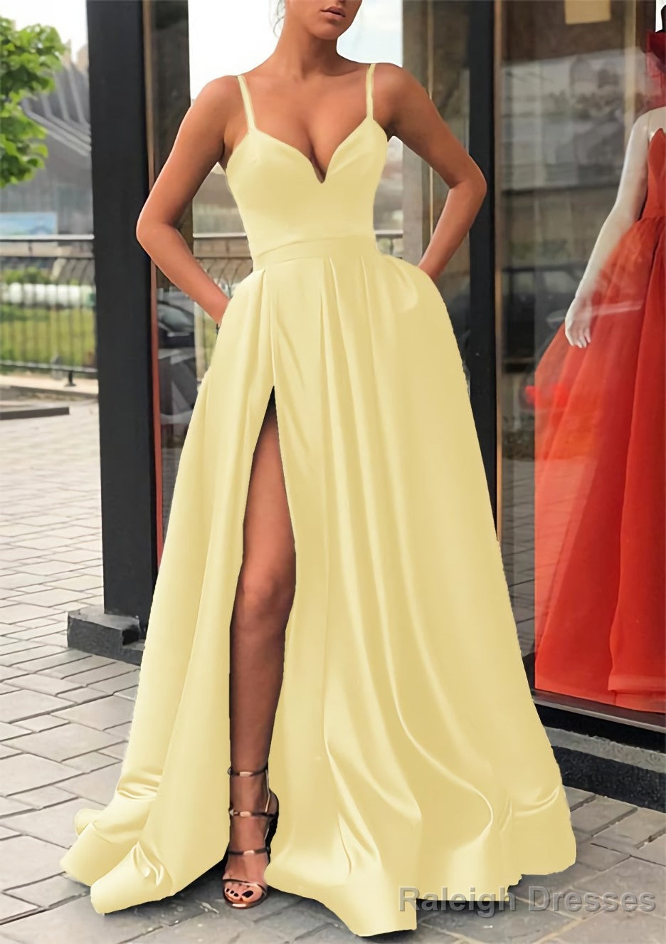 Satin Prom Dresses A-line/Princess Long/Floor-Length Sleeveless With Split Pockets