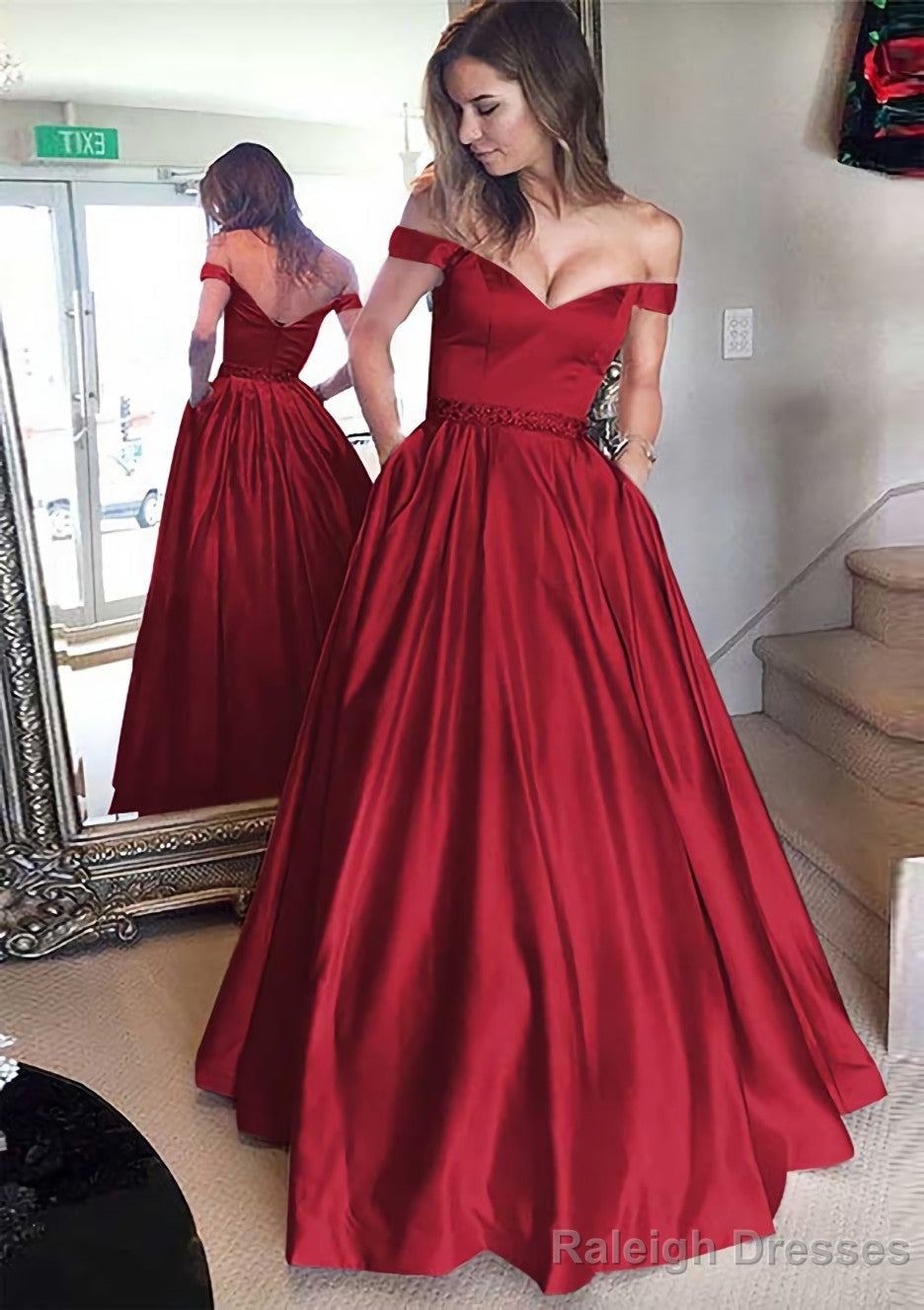 Satin Prom Dress A Line Off-The-Shoulder Long Dress Floor Length With Beaded