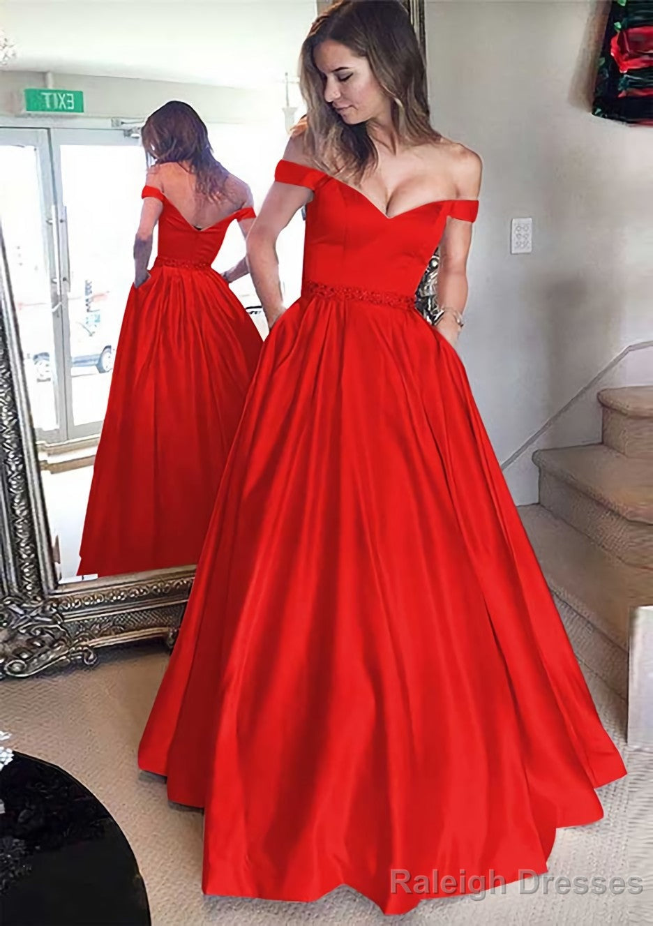 Satin Prom Dresses A-Line/Princess Off-The-Shoulder Long/Floor-Length With Beaded