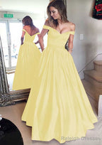 Satin Prom Dresses A-Line/Princess Off-The-Shoulder Long/Floor-Length With Beaded