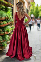 Satin Prom Dresses A-Line/Princess Scoop Neck Sweep Train With Appliqued