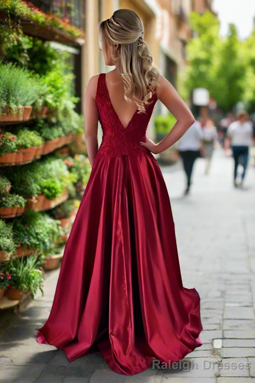 Satin Prom Dresses A-Line/Princess Scoop Neck Sweep Train With Appliqued