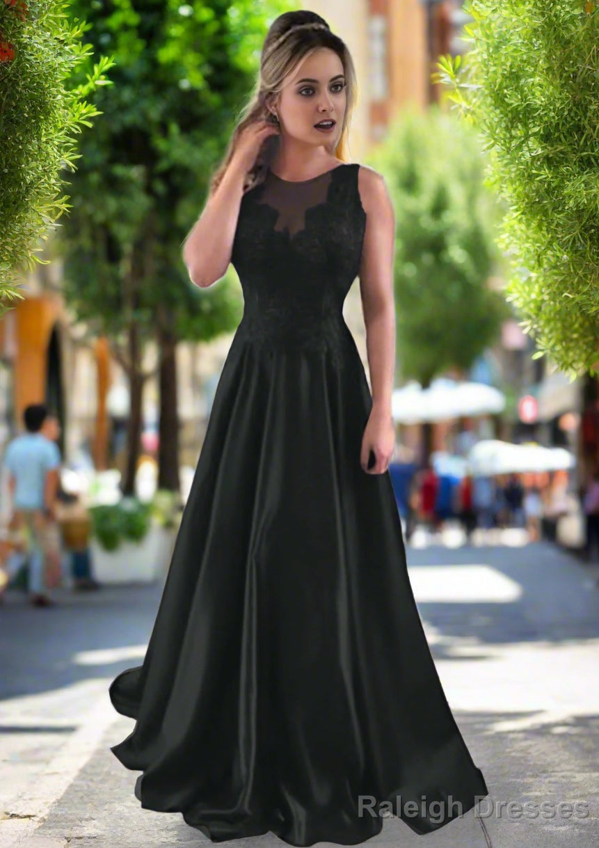 Satin Prom Dresses A-Line/Princess Scoop Neck Sweep Train With Appliqued