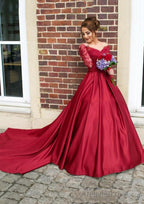 Satin Prom Dresses Ball Gown V-Neck Cathedral Train With Lace
