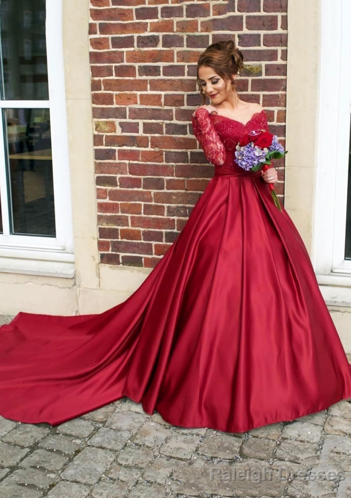 Satin Prom Dress Ball Gown V Neck Cathedral Train With Lace Main image
