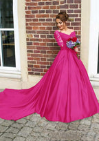 Satin Prom Dress Ball Gown V Neck Cathedral Train With Lace