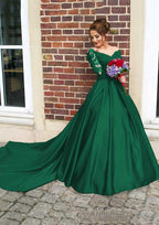 Satin Prom Dresses Ball Gown V-Neck Cathedral Train With Lace