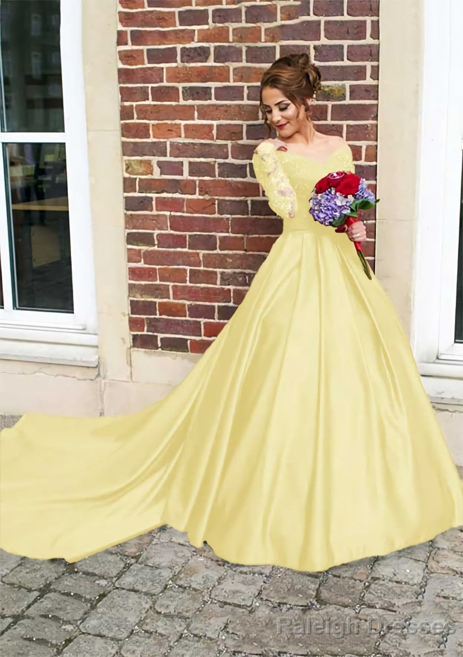 Satin Prom Dresses Ball Gown V-Neck Cathedral Train With Lace