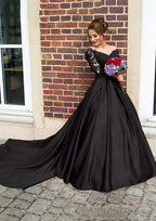 Satin Prom Dress Ball Gown V Neck Cathedral Train With Lace