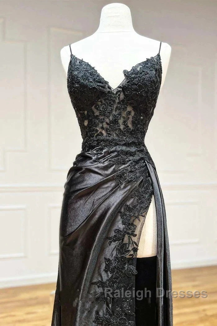 Satin Sheath Column Black Spaghetti Strap Prom Dress With Slit Secondary image