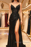 Satin Sheath Column Black Spaghetti Strap Prom Dress With Slit