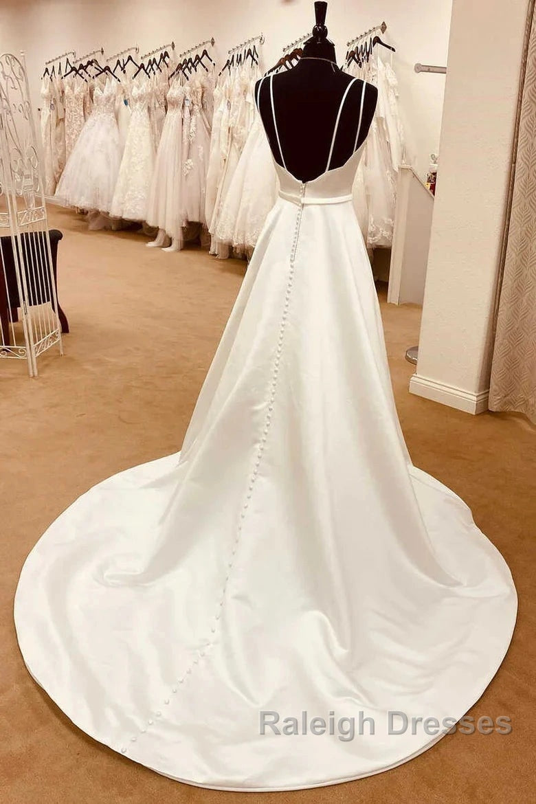 Satin Spaghetti Straps Backless Long Wedding Dress Secondary image