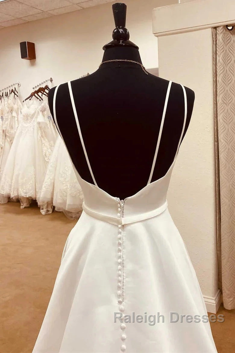 Satin Spaghetti Straps Backless Long Wedding Dress