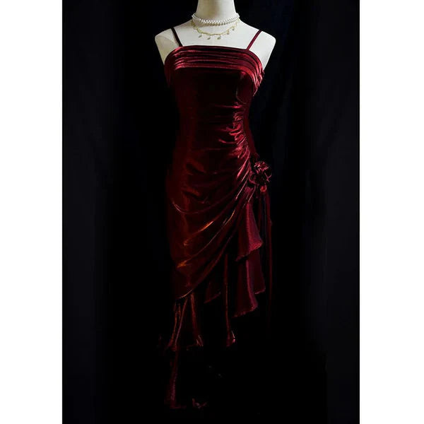 Green Retro Fashion Spaghetti Straps Long Irregular Ruffle Elegant Satin Ball Gown, Evening Dress, Party Dress