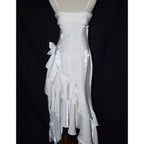 Green Retro Fashion Spaghetti Straps Long Irregular Ruffle Elegant Satin Ball Gown, Evening Dress, Party Dress