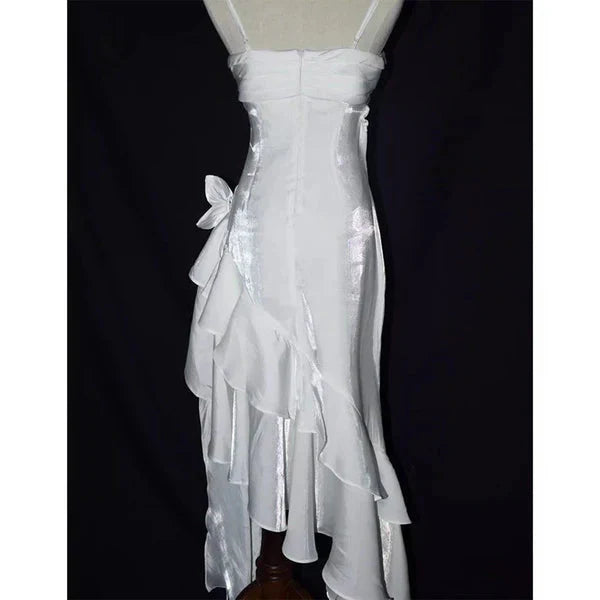 Green Retro Fashion Spaghetti Straps Long Irregular Ruffle Elegant Satin Ball Gown, Evening Dress, Party Dress