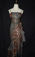 Green Retro Fashion Spaghetti Straps Long Irregular Ruffle Elegant Satin Ball Gown, Evening Dress, Party Dress