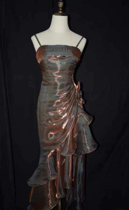 Green Retro Fashion Spaghetti Straps Long Irregular Ruffle Elegant Satin Ball Gown, Evening Dress, Party Dress