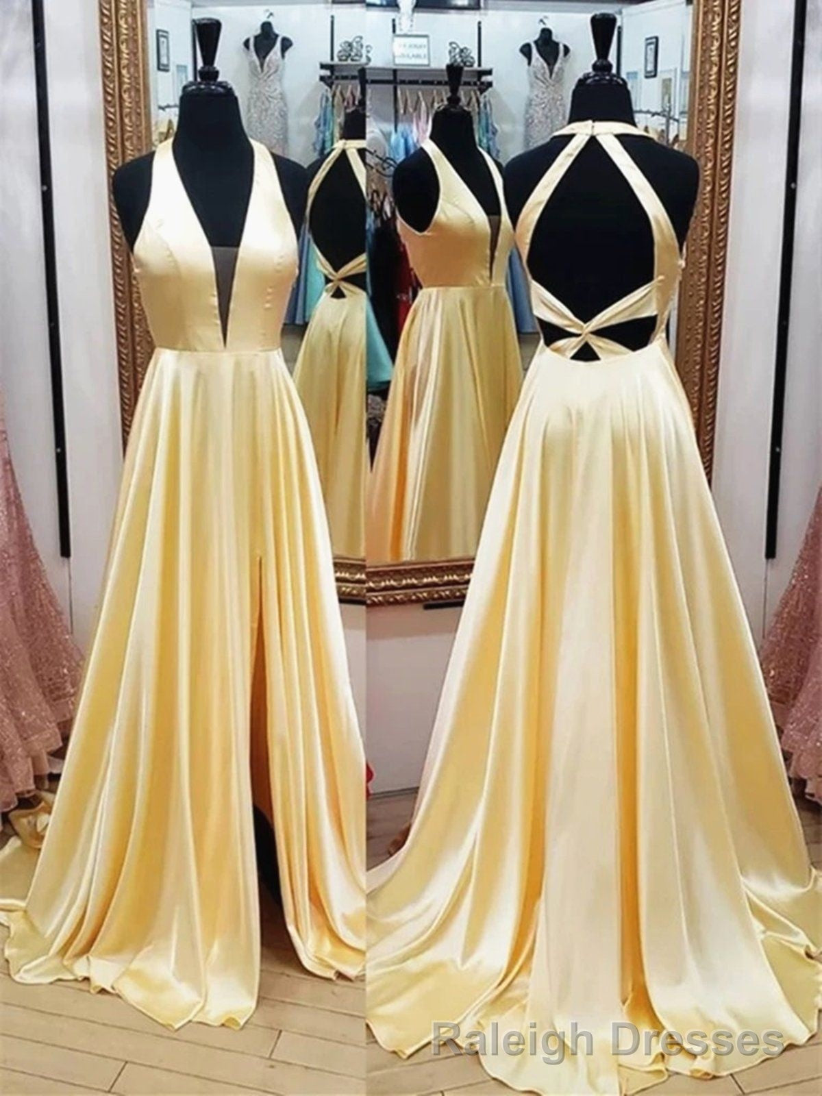 Satin Yellow Celebrity Prom Dress With Plunging V Neckline