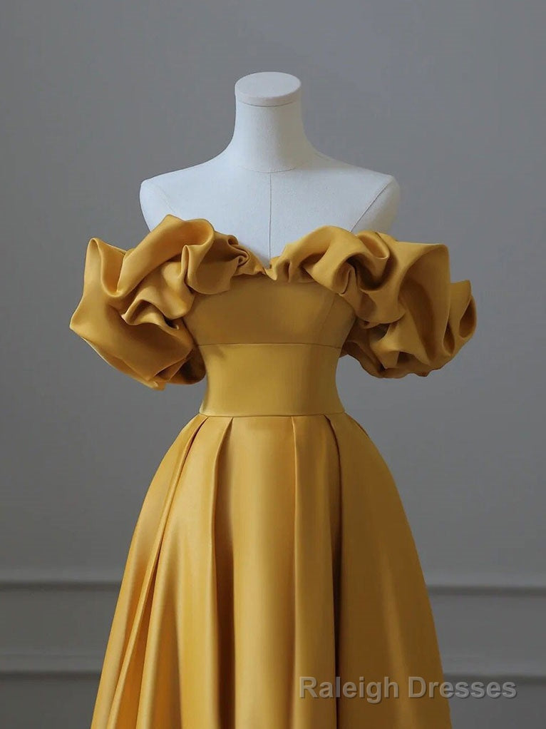 Satin Yellow Long Prom Dress, Aline Formal Yellow Graduation Prom Dress