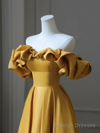 Satin Yellow Long Prom Dress, Aline Formal Yellow Graduation Prom Dress