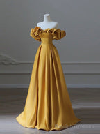 Satin Yellow Long Prom Dress, Aline Formal Yellow Graduation Prom Dress