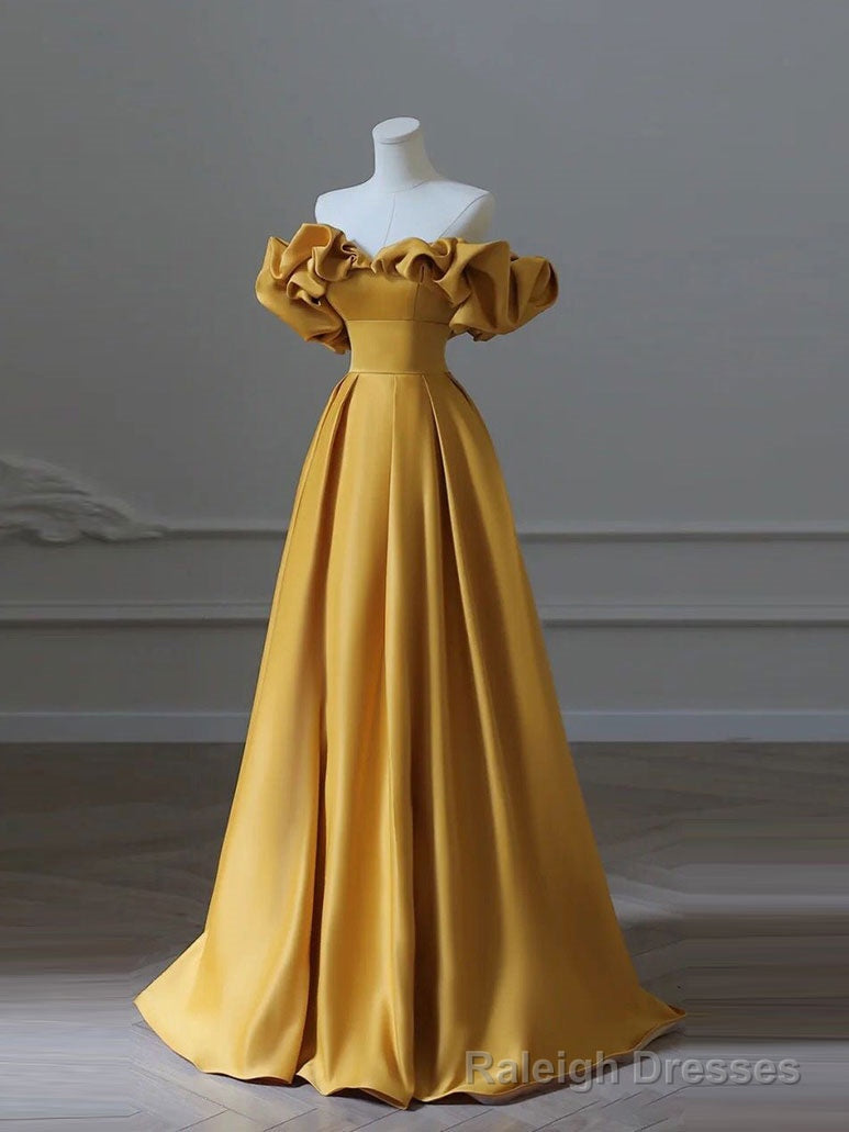 Satin Yellow Long Prom Dress, Aline Formal Yellow Graduation Prom Dress