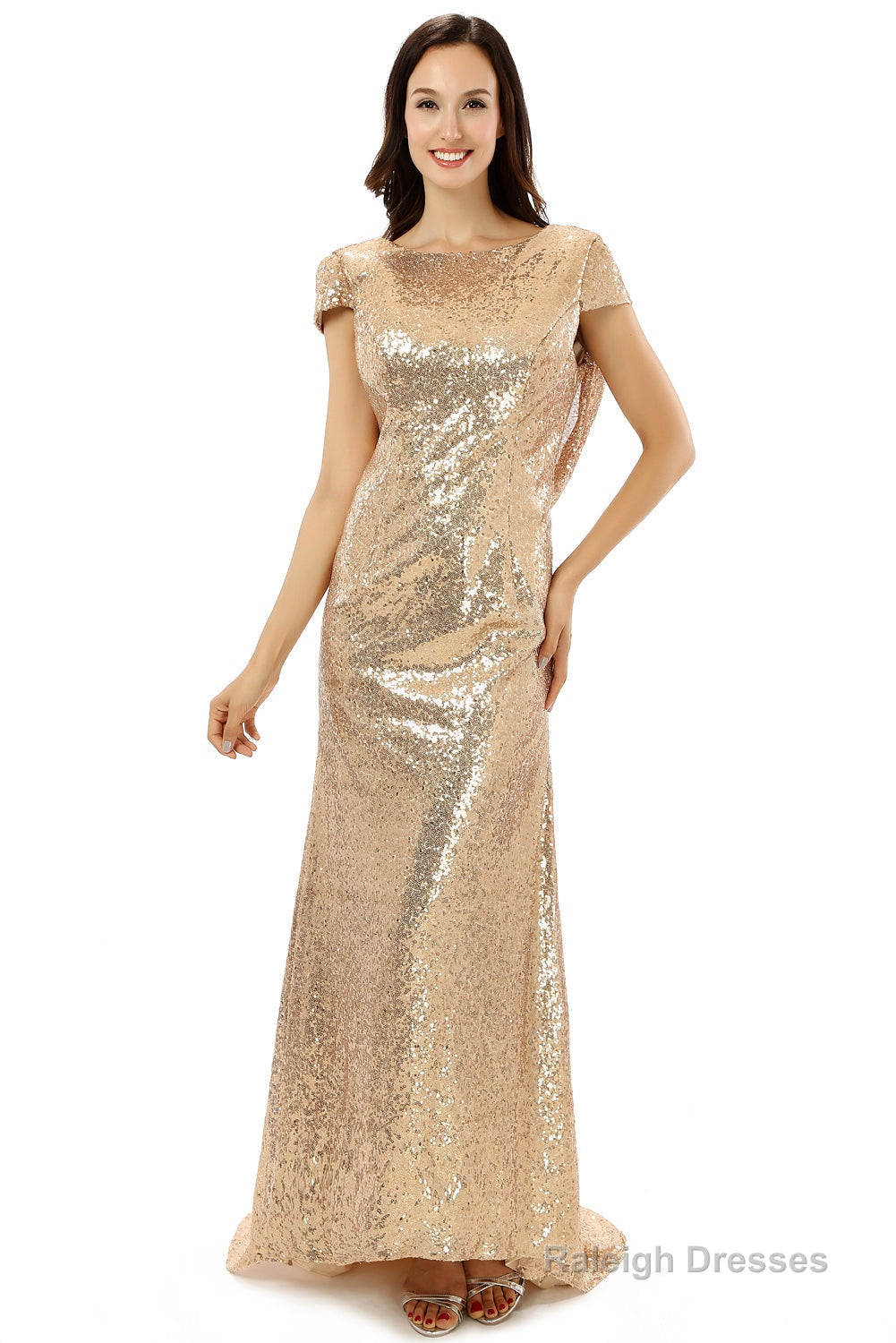 Scoop Backless Floor-length Sparkle Sequins Champagne Prom Dresses Main image