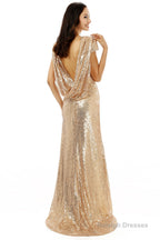 Scoop Backless Floor-length Sparkle Sequins Champagne Prom Dresses