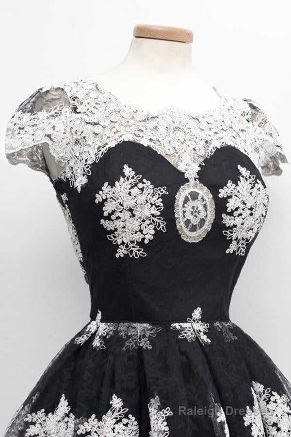 Scoop Black Homecoming Dresses Knee-Length White Lace Cap Sleeves Secondary image