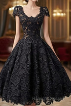 Scoop Knee-Length Cap Sleeves Ball Gown Lace Homecoming Dress