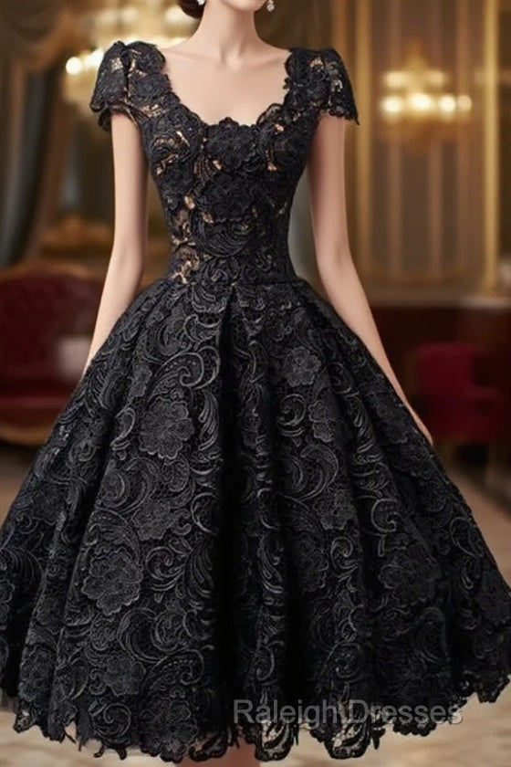 Scoop Knee-Length Cap Sleeves Ball Gown Lace Homecoming Dress