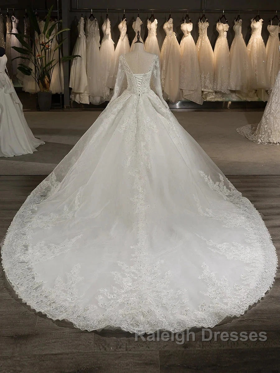 Scoop Long Sleeves Tulle Applique With Beading Chapel Train Ball Gown Wedding Dress